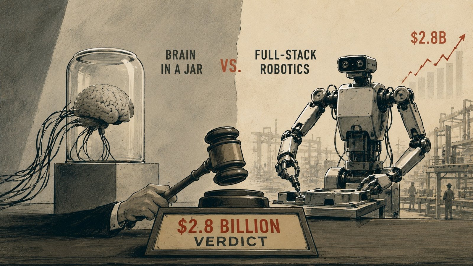 Side-by-side architectural diagram comparing a modular brain-in-a-jar robot stack versus a fully integrated proprietary stack