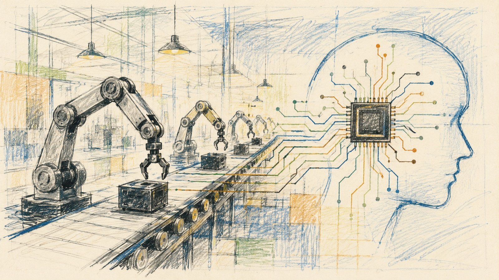 Inside a large US robot manufacturing facility with robotic arms assembling industrial robots on a production line