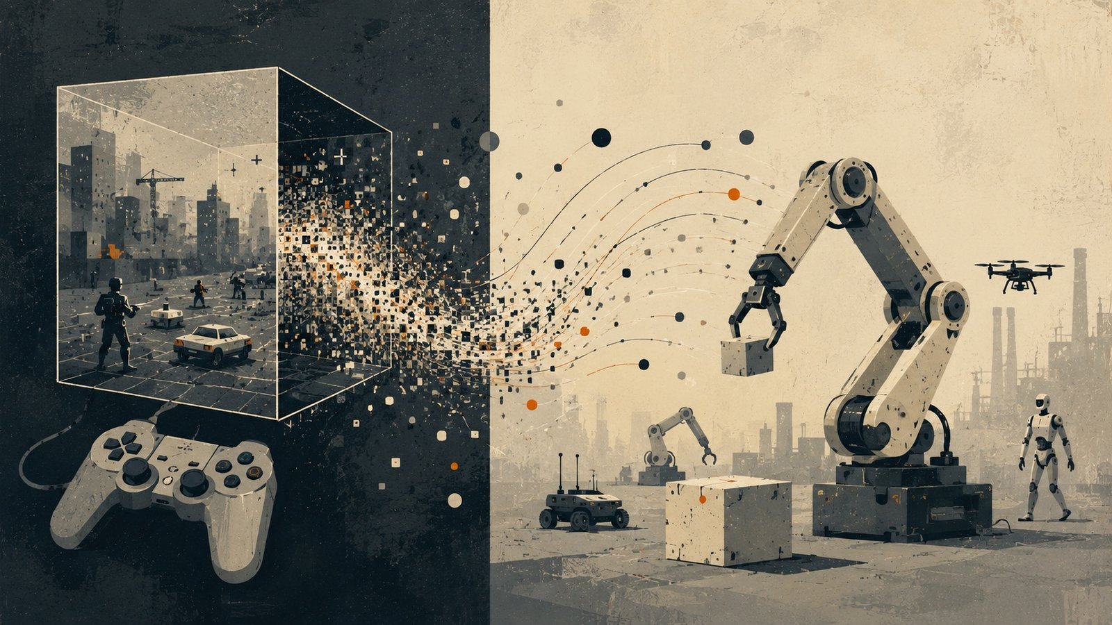 Split image showing a first-person video game environment on one side and a robot training simulation on the other, with shared data flow between them