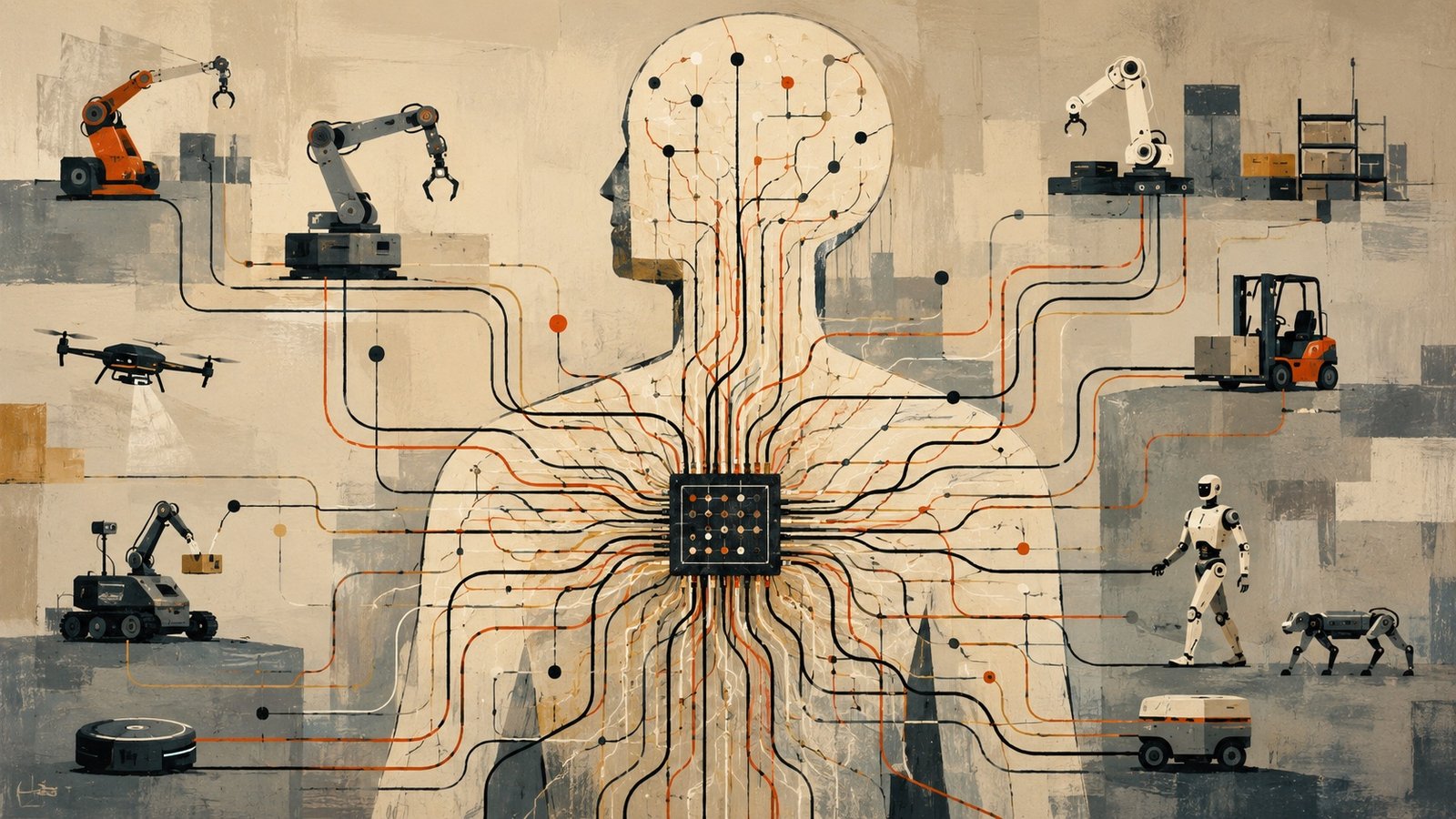 Architectural diagram of a robotics middleware stack, showing the layers between foundation models and physical robot hardware