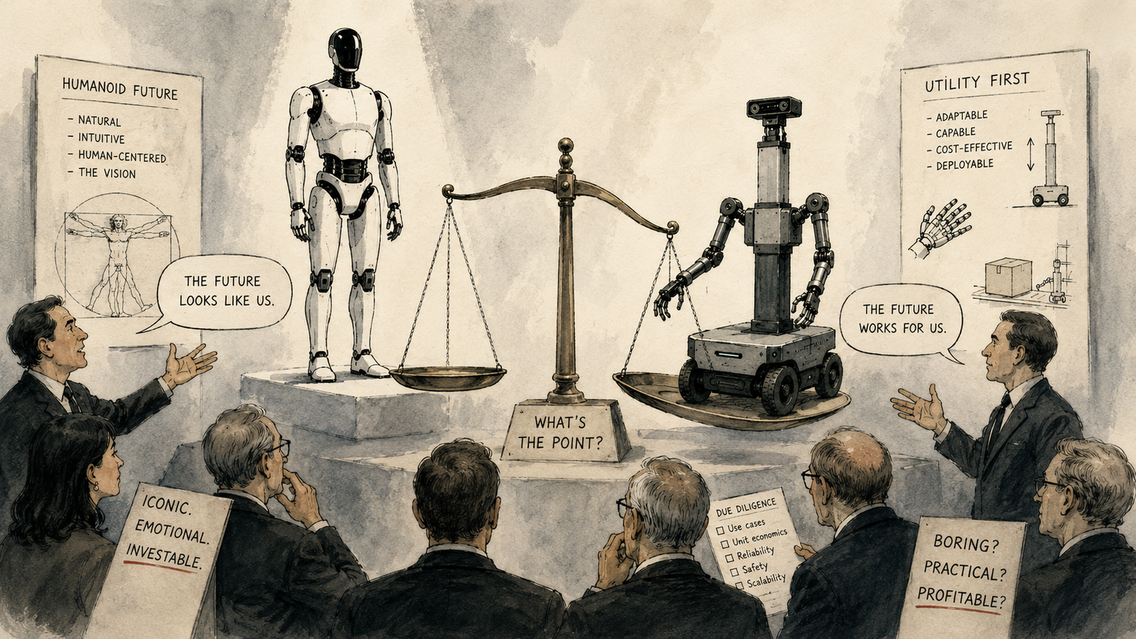 A wheeled robot with an articulated tower and dexterous hands working a warehouse aisle