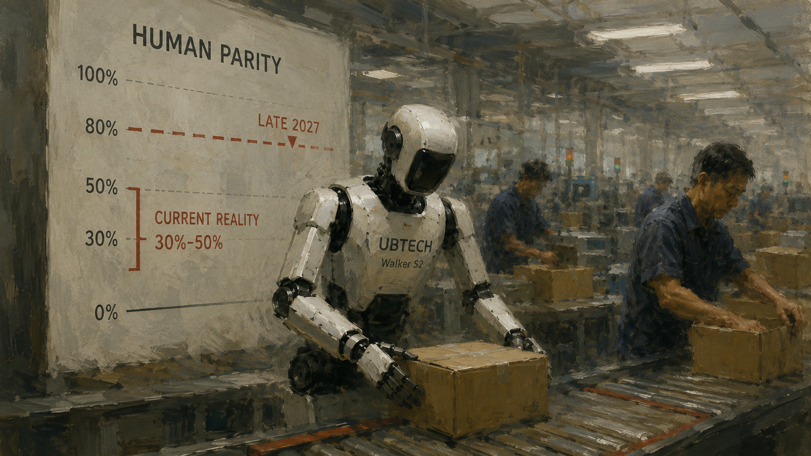 A humanoid robot working a case-packing station on a factory floor