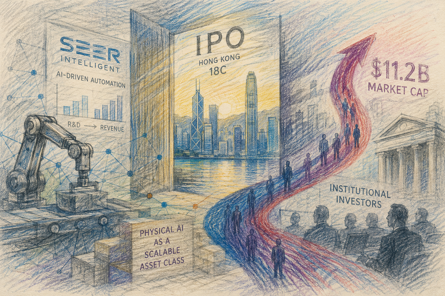 A trading floor display showing a robotics company's IPO pricing in Hong Kong
