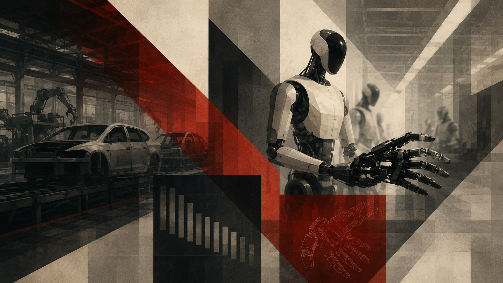 A factory floor mid-conversion from automotive assembly to humanoid robot production