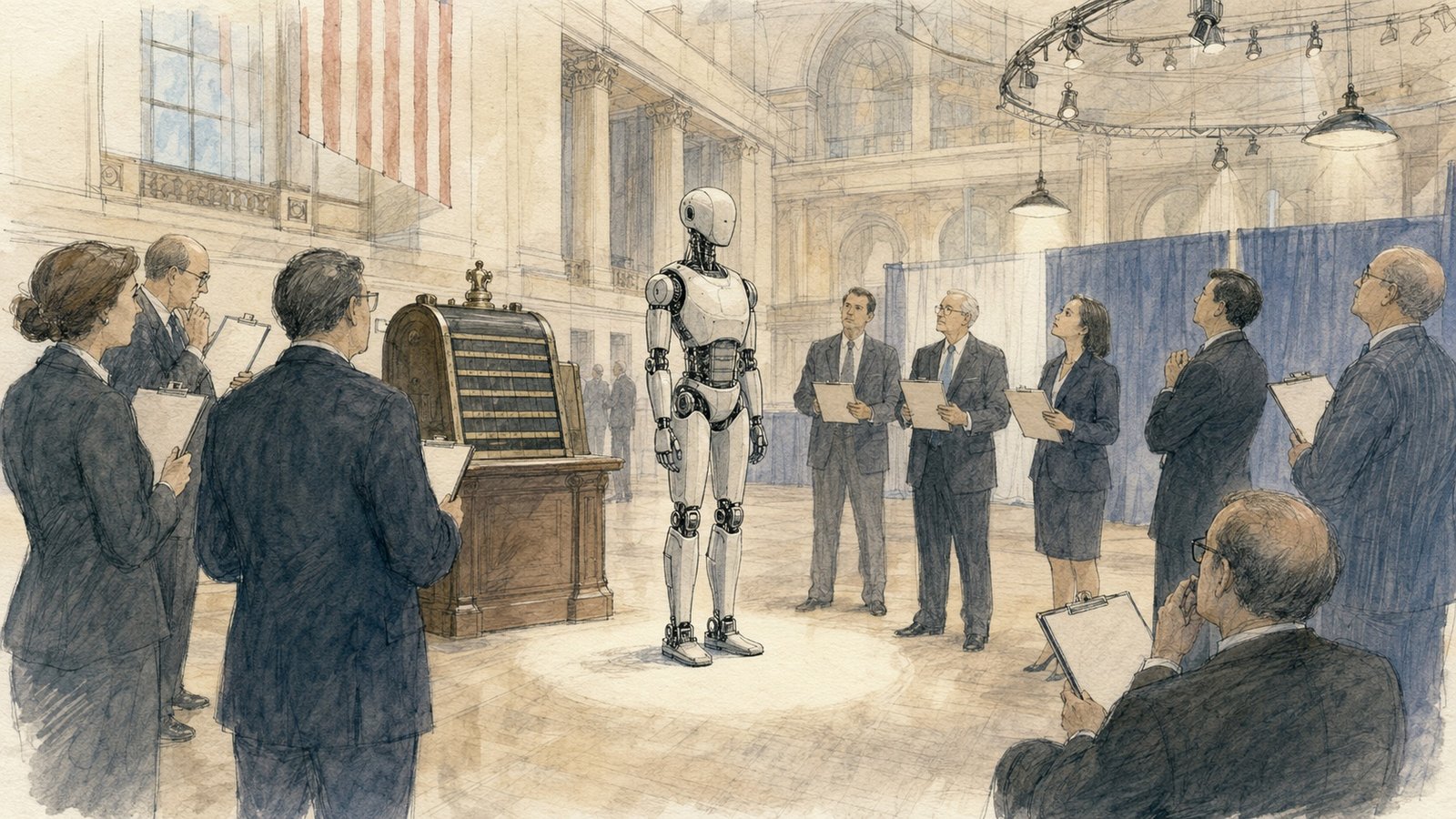 Agility Robotics' Digit humanoid on a warehouse floor against a backdrop of stock market indicators