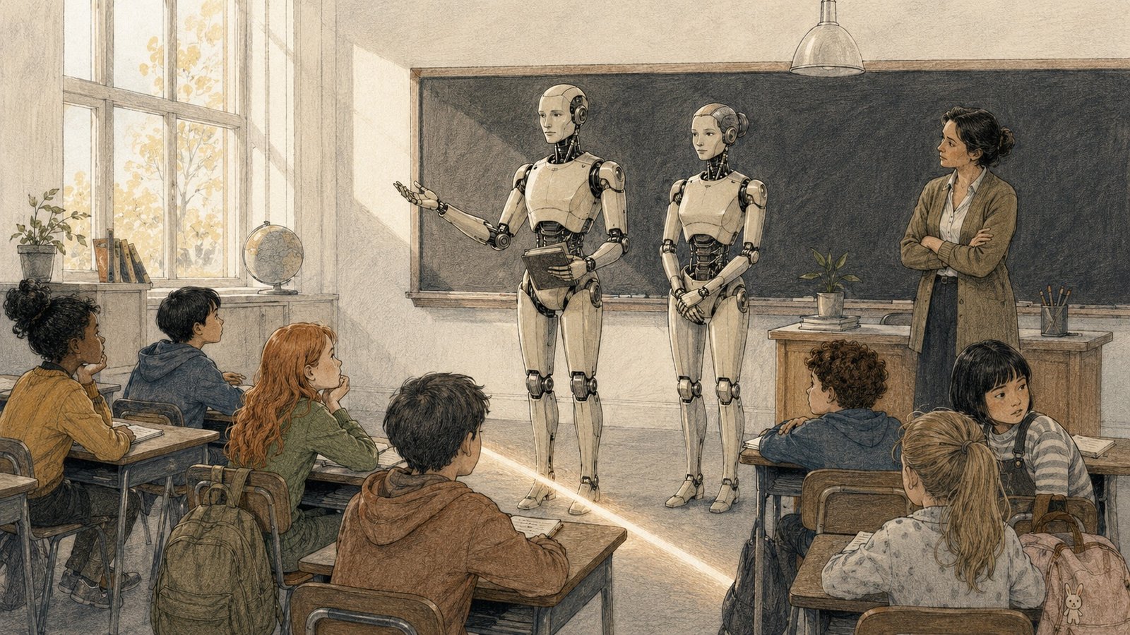 The Ameca humanoid robot with articulated facial expressions in front of a group of middle-school students in a classroom