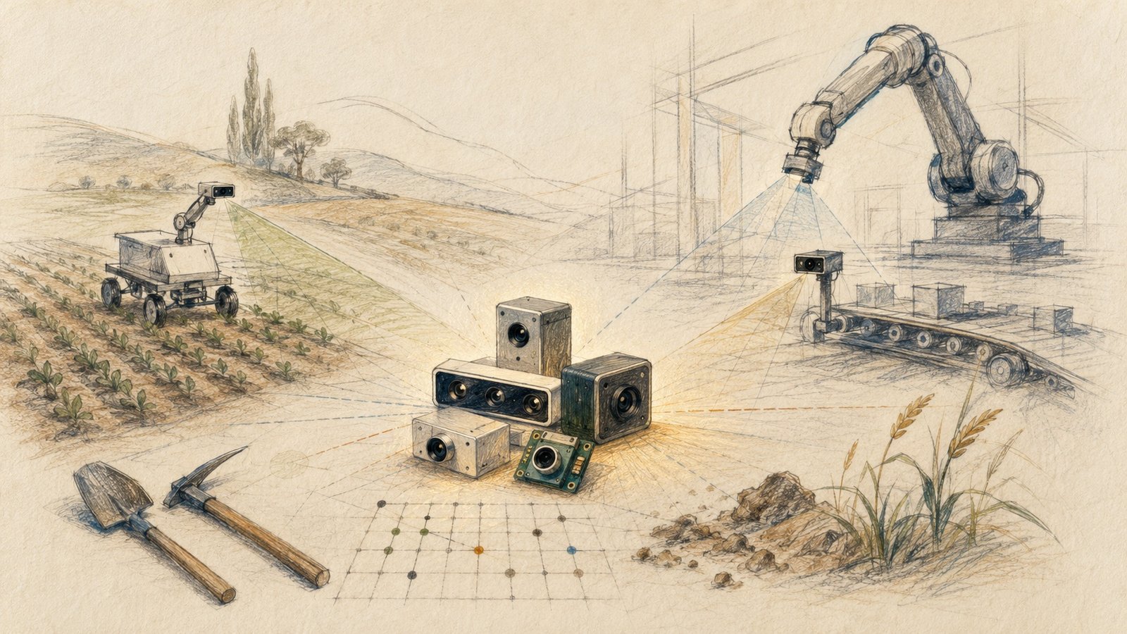 Close-up of a Luxonis OAK camera module with depth-sensing overlays and a dusty industrial field environment in the background